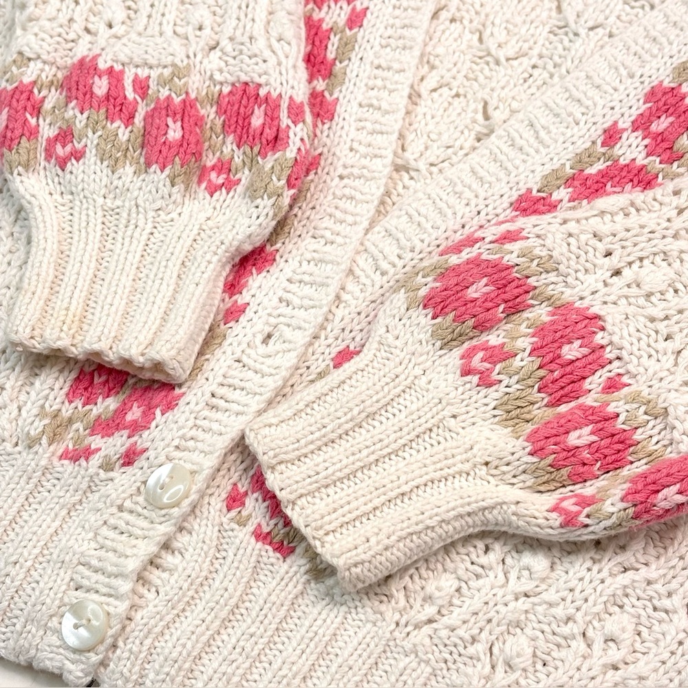 Vintage Cottage-core 80โs White Pink Floral Handโ Knit Granny Cardigan Sweater